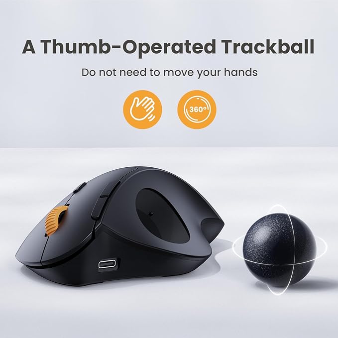 ProtoArc Wireless Trackball Mouse, EM04 Ergonomic Bluetooth Rollerball Rechargeable Computer Laptop Thumb Control Mouse, Compatible with PC, iPad, Mac, Windows-Gray Ball