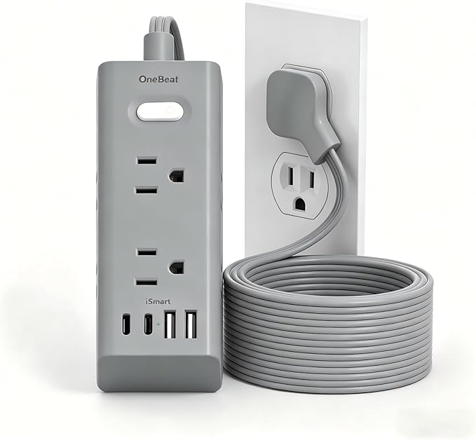 15Ft Extension Cord with Multiple Outlets, Flat Plug Power Strip Surge Protector with 15 Ft Long Cord, 6 Outlet 4 USB Ports (2 USB C), Multi Outlet Wall Plug for College, Dorm Room Essentials(Grey)
