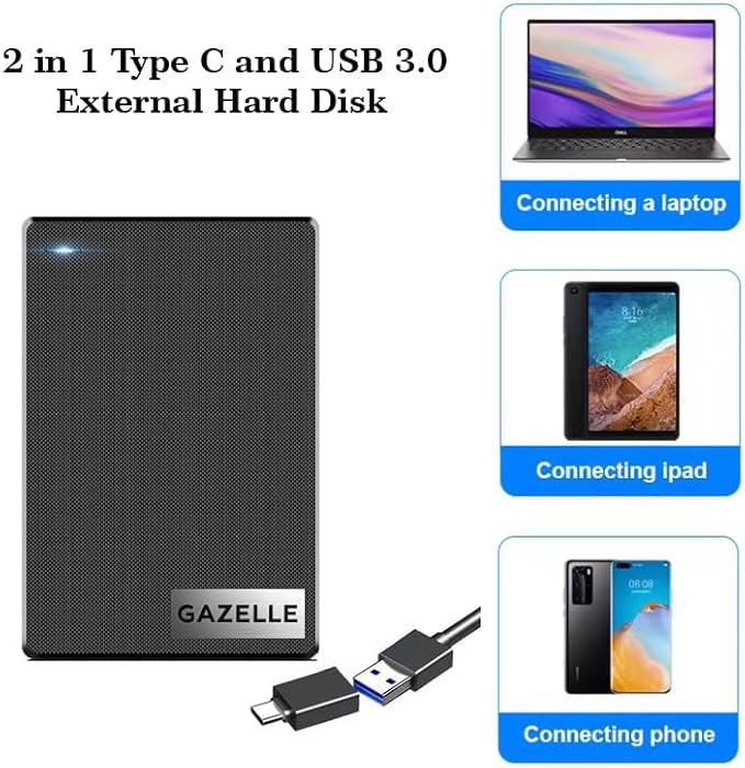 GAZELLE High-Speed 1TB Ultra Slim Portable External Hard Drive - 2-in-1 Type C & USB 3.0, Compatible with PC, Mac, Laptop, PS4, Xbox, iPad, Tablet, Mobile (Black) - 1 Year Warranty