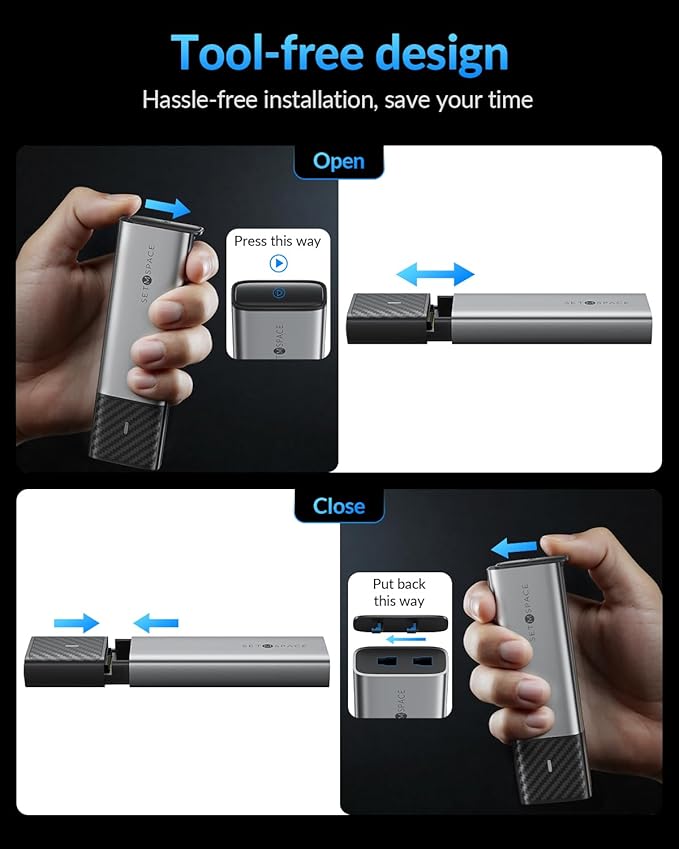 NVME Enclosure, SETMSPACE Tool-Free M.2 Enclosure with 2-in-1 USB C Adapter, External Reader for 2280 2260 2242 2230 NVME SATA SSD of M Key or B+M Key, Gray Aluminium Alloy M2 Case Come with Heatsink