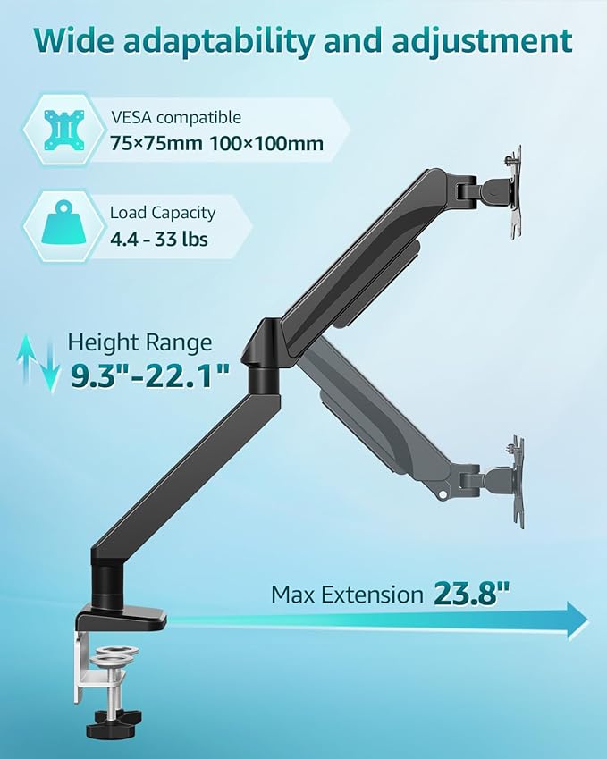 Heavy Duty Single Monitor Arm for Max 42 Inch Screens, Monitor Mount for Desk Supports 4.4-33 lbs, Height Adjustable Ultrawide Monitors Stand with C-Clamp & Grommet Base, VESA Mount 70/100