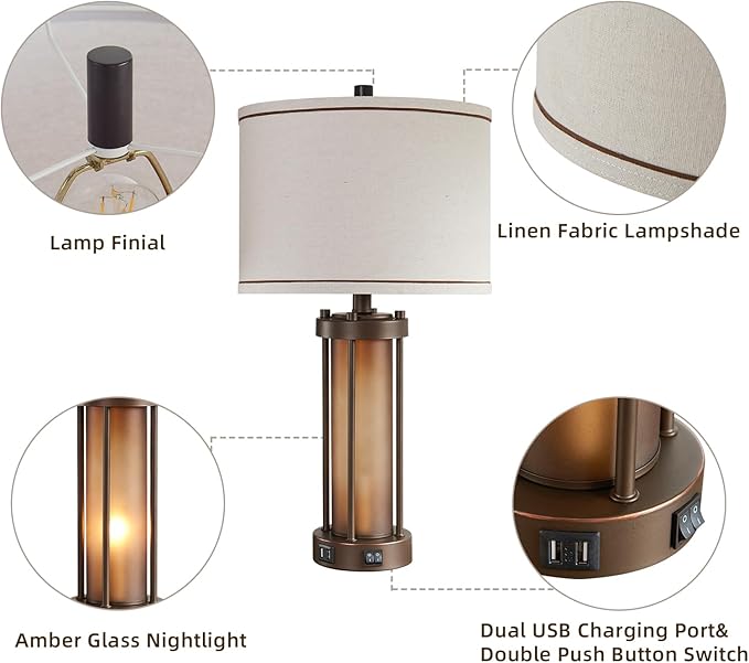 RORIA Farmhouse Table Lamps for Living Room with 2 USB Charging Ports, Vintage Rustic Nightstand Lamp with Amber Glass Nightlight, Retro Desk Lamp for Bedroom Entryway, 2 Bulbs Included