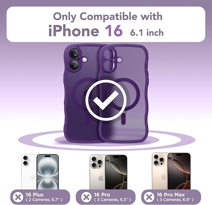 CAPRARO for iPhone 16 Case for Women Girls, Upgraded [Full Camera Protection] [Compatible with MagSafe] Cute Wave Translucent Matte Phone Case for iPhone 16, Deep Purple