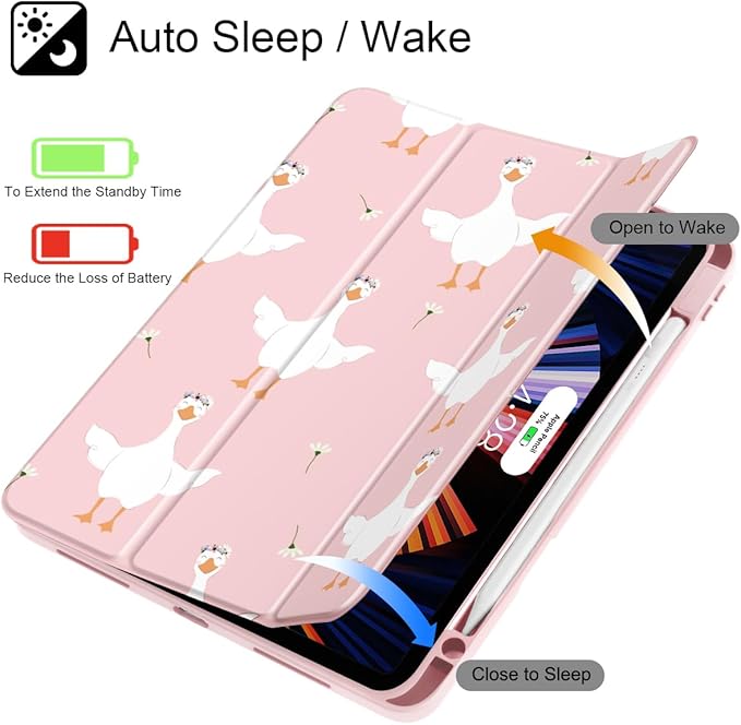 May Chen for iPad Pro 13 Inch Case M5 2025 / M4 2024, Built Pencil Holder & Clear Transparent Print Back Shell Slim Stand Shockproof Tablet Cover, Auto Wake/Sleep, Goose Flower