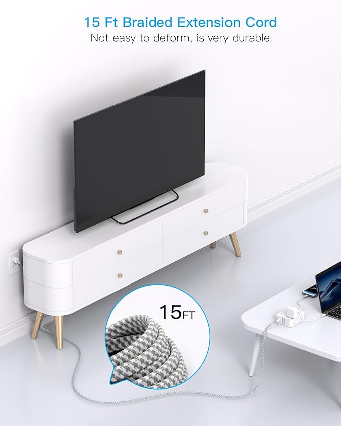 Surge Protector Power Strip 15 Ft Long Cord, HANYCONY Extension Cord 15 Feet with 8 Outlets 4 USB Ports(2 USB C), Flat Plug, Desk Charging Station for Home Office College Dorm Room Essentials