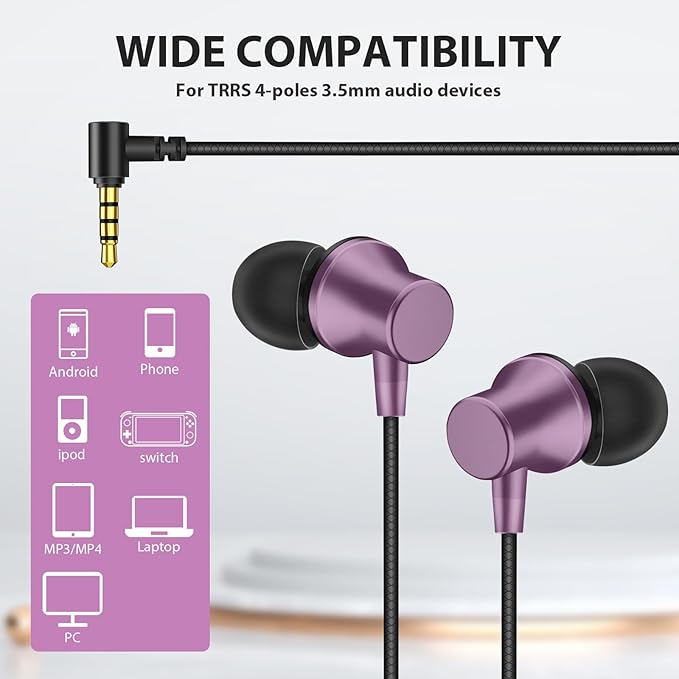 Wired Earbuds for School Chromebook Laptop PC, Noise Isolating Ear Buds with 3.5mm Plug in Audio Jack Microphone HiFi Stereo Wired Headphone Corded Earphone for Kindle Fire School Travel MP3, Purple