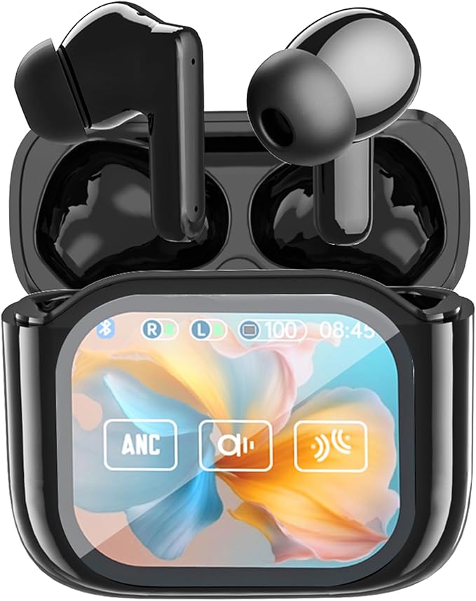 Wireless Touchscreen Earbuds with Smart Touch Screen Case - TWS True Wireless Bluetooth 5.4 Headphones - ANC Active Noise Cancelling - Blue Tooth Earphones for iPhone Android