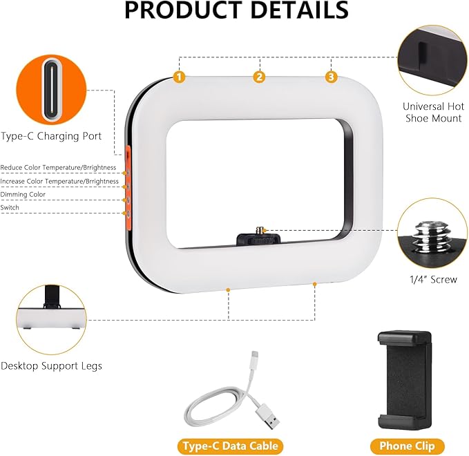 Rechargeable Portable Ring Light for Phone, LED Smartphone Light, Phone Video Stabilizer, Square Ring Light for Photography, Video Recording, Live Stream