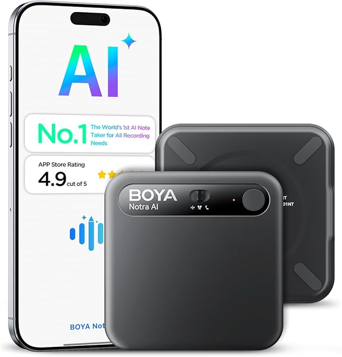 BOYA Notra AI Voice Recorder,3-Mode Capture -Ambient/Phone Call/Bluetooth, AI Transcription&Smart Summary, Support 140+ Languages, 64GB Storage, Magnetic Note Taker for Meetings,Lectures,Interviews