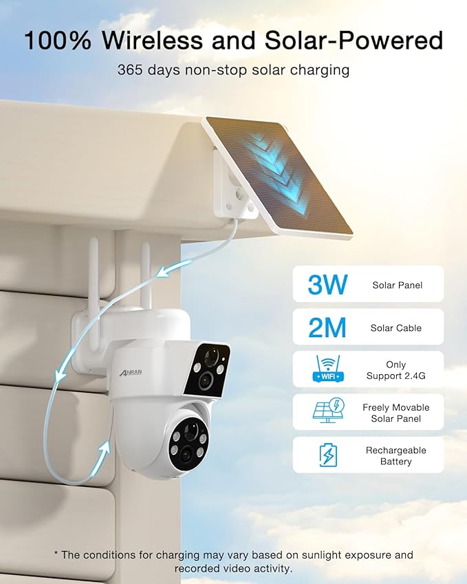 ANRAN Dual-Lens Solar Security Camera, 3MP Wireless Outdoor Camera for Home Security, 100% Wire-Free with Solar Panel, Color Night Vision, Motion Detection, 2.4GHz WiFi, IP66 Weatherproof