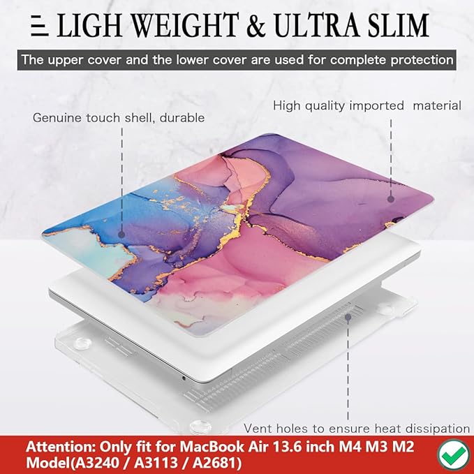 CISSOOK Compatible with MacBook Air 13.6 inch Case 2026 2025 2024 2022 Release M5 M4 M3 M2 Chip, Plastic Hard Shell Case Keyboard Cover for MacBook Air 13.6 inch A3449 A3240 A3113 A2681, Purple Marble