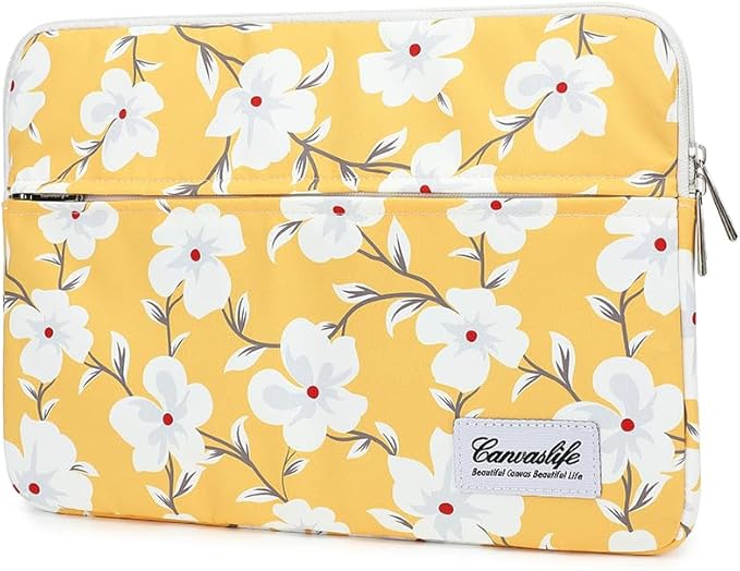 Canvaslife Yellow Flower Pattern Laptop Sleeve 14 inch Laptop Case Bag with Front Pocket - Waterproof Shockproof
