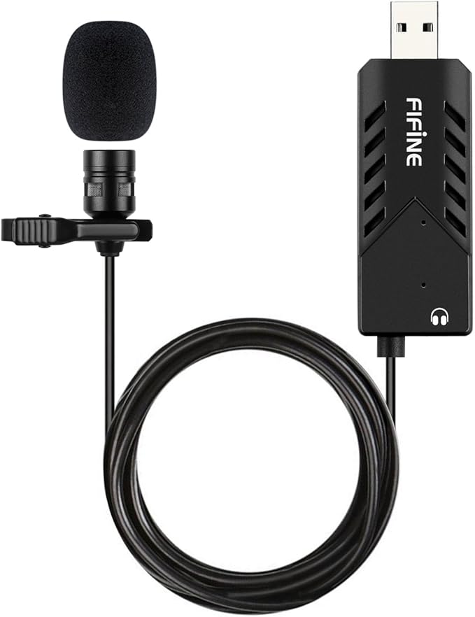 Fifine USB Lavalier Lapel Microphone, Clip-on Cardioid Condenser Computer Mic Plug and Play USB Microphone with Sound Card for PC and Mac-K053
