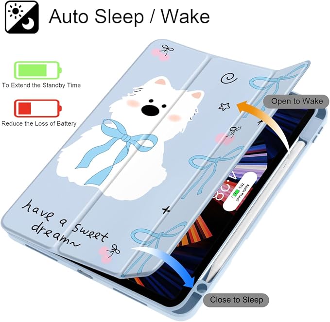 May Chen Case for iPad Pro 11-Inch M5/M4 2025/2024 (6th/5th Generation), Clear Transparent Print Back Shell Slim Stand Shockproof Tablet Cover, Auto Wake/Sleep, Blue Bows Dog