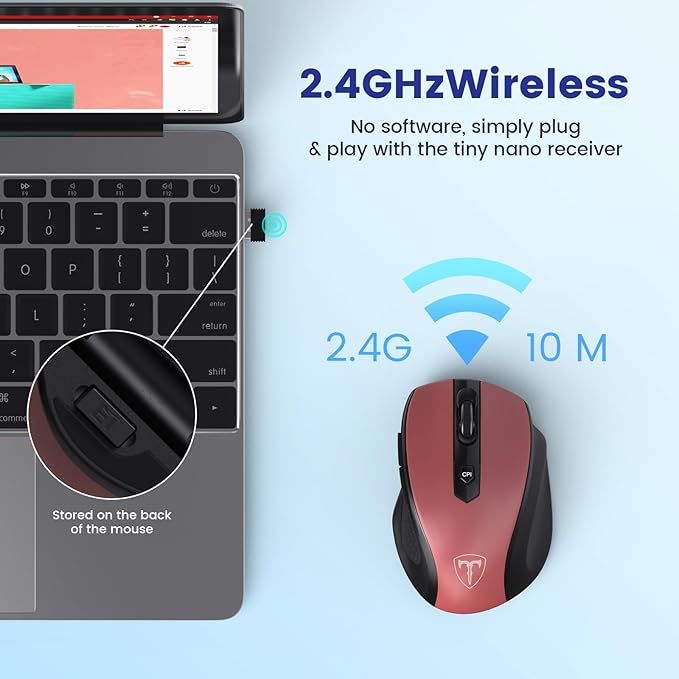HOTWEEMS Wireless Mouse, D-09 Computer Mouse USB Cordless Mice for Laptop, Ergo Grips, Lightspeed 5-Level 2400 DPI, 16 Months Battery, Portable for PC Mac Chromebook (Red, 1 Pack)