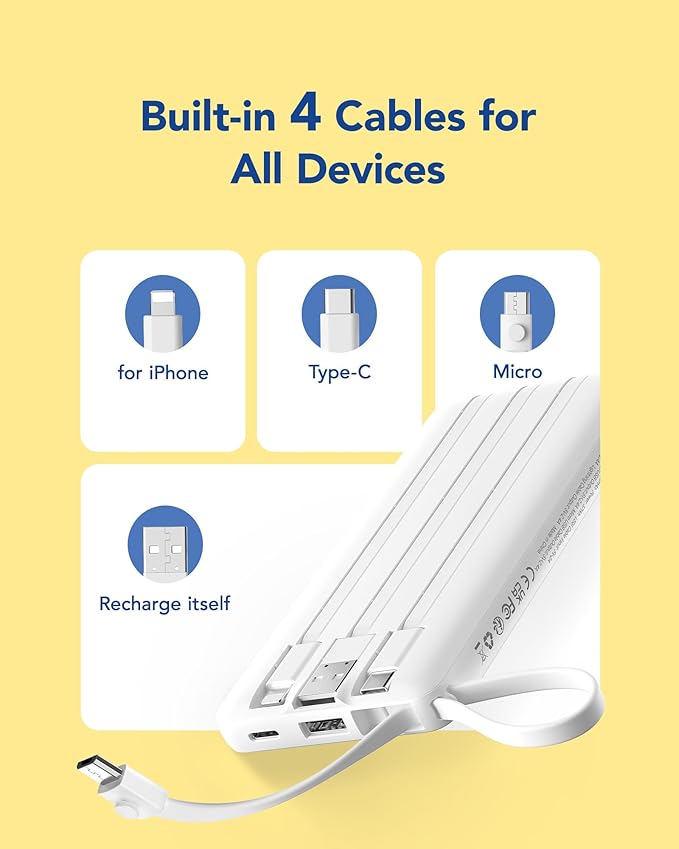 VRURC Portable Charger, Built-in Cables Power Bank 10000mAh, LED Display Slim USB C Battery Pack with 5 Output 2 Input for iPhone, Samsung, Android etc-White(1 Pack)