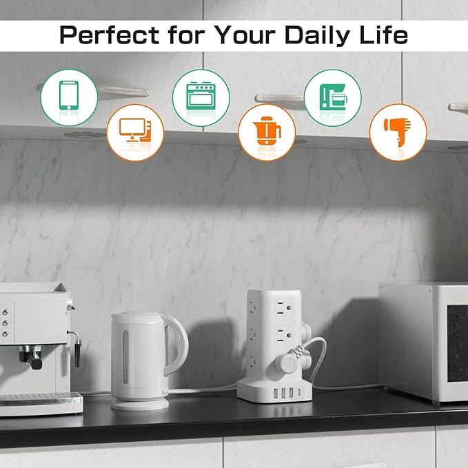 PD20W Power Strip Tower Surge Protector,16.5FT Extension Cord,Power Strip with USB 12 Outlets with 4 USB Ports (1 USB C), Flat Plug Multi Plug Outlet Extender Overload Protection for Home Office