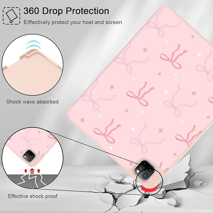 Tuiklo for iPad Pro 12.9 inch 6th / 5th / 4th / 3rd Generation 2022 2021 2020 2018 Release Case- Built in Pencil Holder Slim Protective Cover with Auto Wake/Sleep, Pink Bows