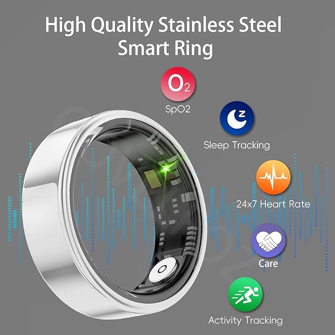 Smart Ring Health Tracker, Fitness Sleep and Heart Rate Monitor Smart Ring, Waterproof Bluetooth Fitness Tracker Ring IPX68 Waterproof (Silver, 12)