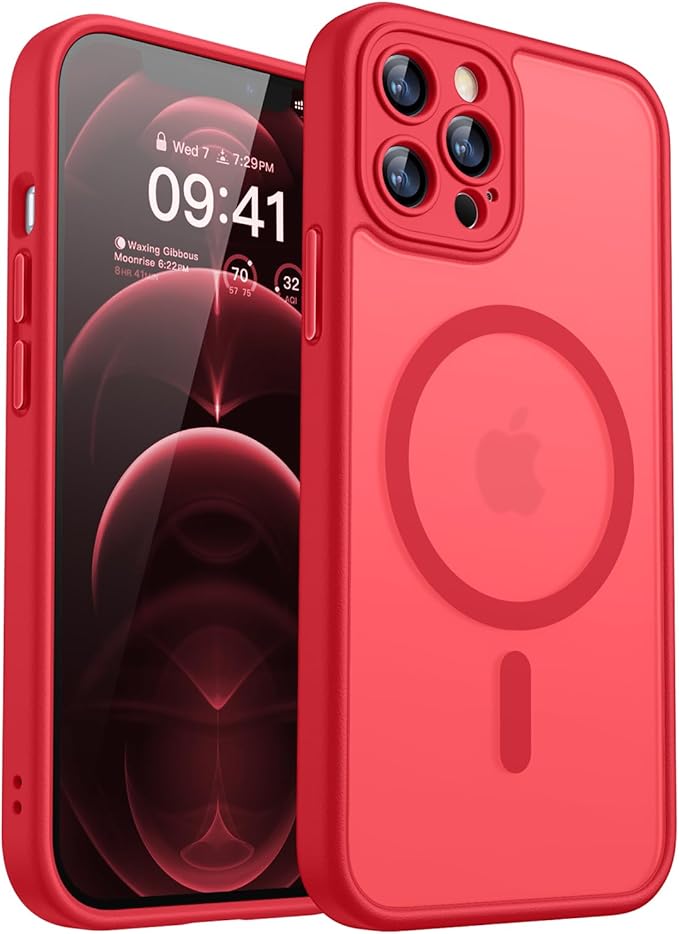 CANSHN Magnetic Compatible with iPhone 12 Pro Case, Upgraded [Full Camera Protection] [Compatible with Magsafe] [Translucent Matte] Shockproof Protective Phone Cover 6.1 Inch - Red