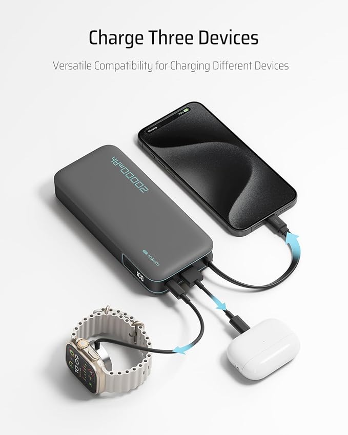 CUKTECH 45W Power Bank 20000mAh, Portable Travel Charger Built-in USB C Cable, Fast Charging Battery Pack for iPhone 16/15/14/13, iPad, Samsung Galaxy, Google Pixel, Android and More (White)