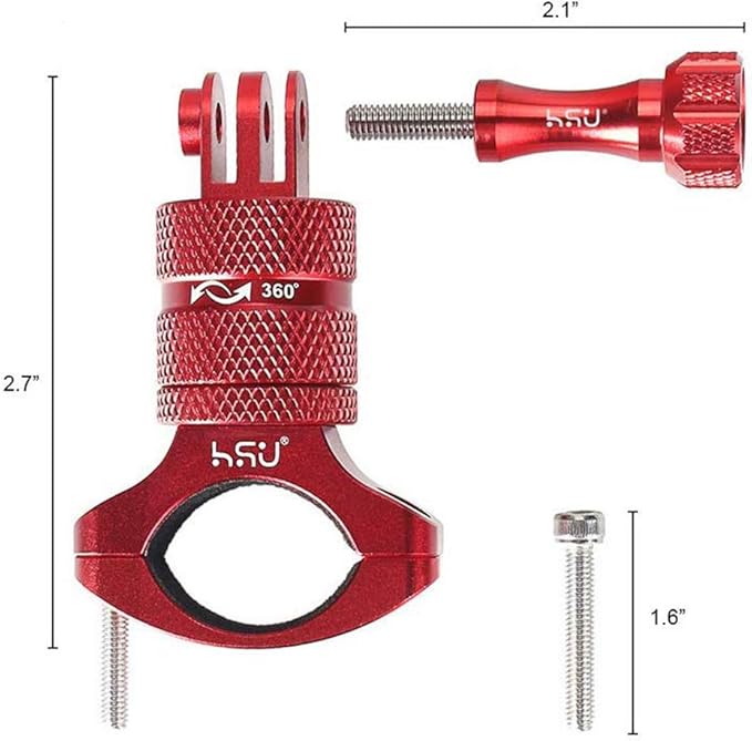 HSU Bike Handlebar Mount for Gopro Hero 13/12/11/10/9/8/7/6/5/4 AKASO Campark Osmo Action 3/4 and Other Action Cameras, 360 Degrees Rotary Motorcycle Mount (Red)