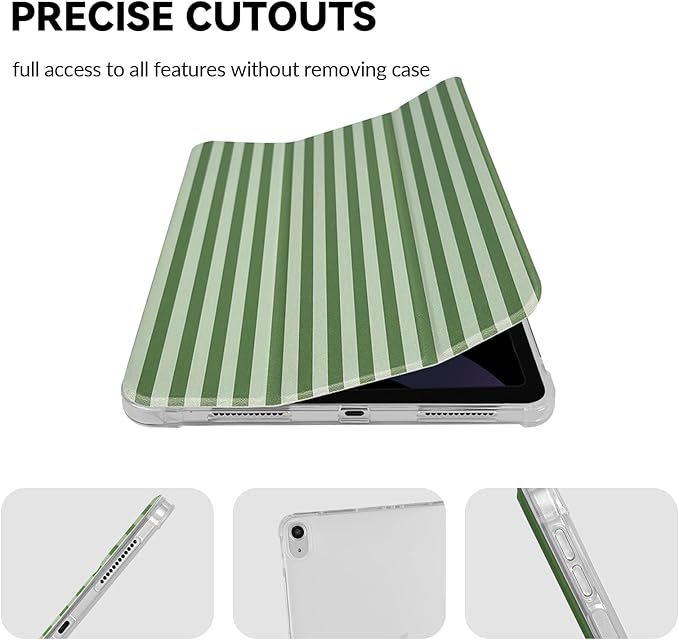Lovmooful Compatible for iPad Air 6th 11-inch M2 (2024),iPad Air 5/4 (2022/2020 5th/4th Generation 10.9-Inch) Case with Pencil Holder Cute Striped Design Soft TPU Trifold Stand Protective-Dark Green