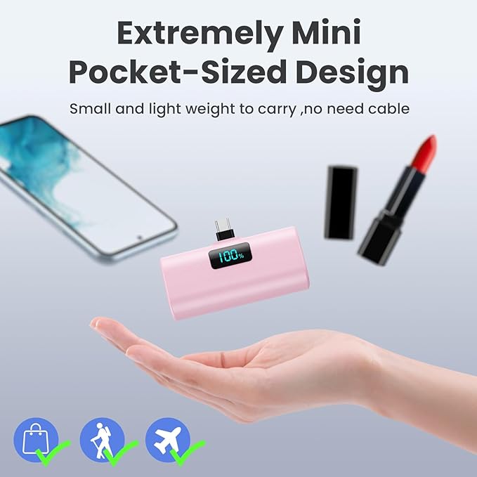 [2-Pack]Portable Charger for iPhone 16/15 Series,5200mAh PD USB C Power Bank Built-in USB-C Connector,Battery Pack Compatible with iPhone 16/16 Plus/16 Pro/16 Pro Max/15 Series,Android (Pink+Blue)