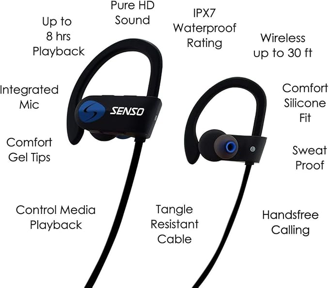 Senso Bluetooth Headphones, Best Wireless Sports Earphones w/Mic IPX7 Waterproof HD Stereo Sweatproof Earbuds for Gym Running Workout 8 Hour Battery Noise Cancelling Headsets (Black Blue)
