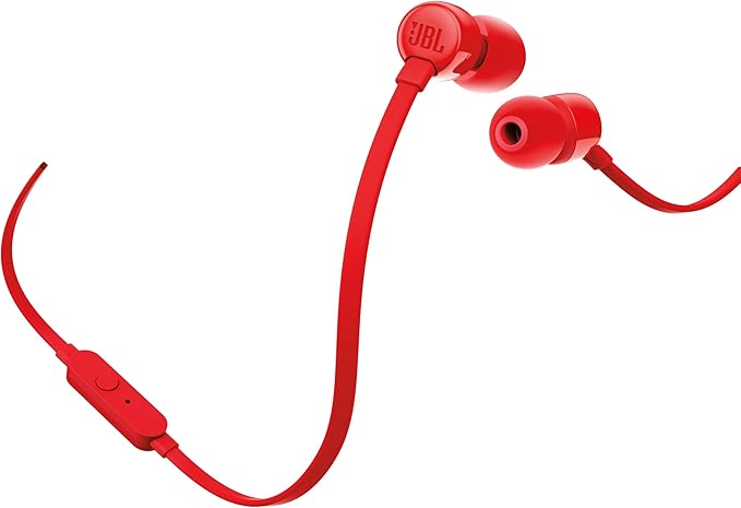 JBL Tune 110 - Wired in-Ear Headphones with JBL Pure Bass Sound, 1-Button Remote, Microphone and Tangle-Free Flat Cable (Red)