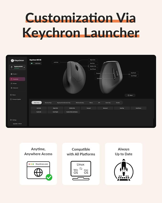 Keychron M5 8K Vertical Ergonomic Mouse Wireless, 2.4 GHz/Bluetooth 5.3/Wired Computer Mice Rechargeable, 5 Levels Up to 30K DPI with Programmable Buttons for Laptop macOS/Windows - White