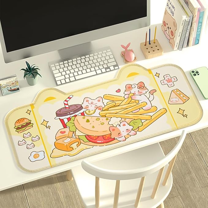PERFECTSIGHT Cute Cat Desk Mat Kawaii Fast Food Desk Pad, Switch Large Gaming Mouse Pad, Cartoon Deskmat Mousepad, Anime Blotter Protector Laptop Keyboard Pad for Women Girls, Kitty