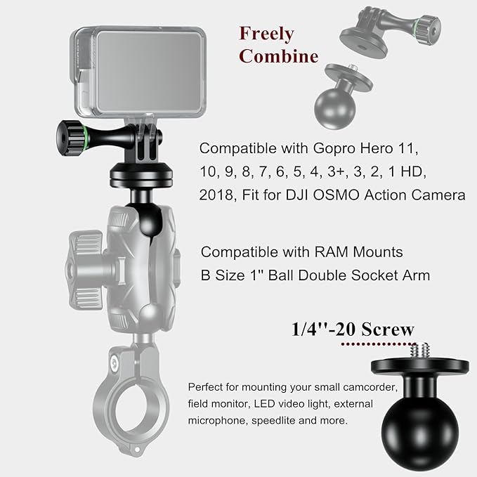 BRCOVAN 1'' Ball Tripod Mount Adapter with Camera 1/4"-20 Thread, Aluminum Alloy, Compatible with RAM Mounts B Size 1 Inch Ball Double Socket Arm, Suitable for Action Camera/Camcorder/Field Monitor
