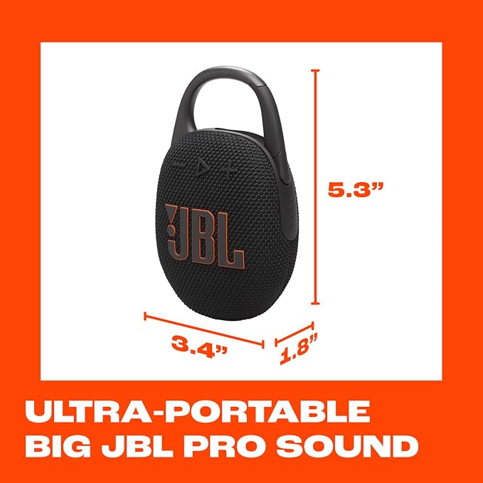 JBL Clip 5 - Ultra-Portable, Waterproof & Dustproof Bluetooth Speaker, Big JBL Pro Sound with Punchy bass, Integrated Carabiner, Up to 12 Hours of Play, Made in Part with Recycled Materials (Black)