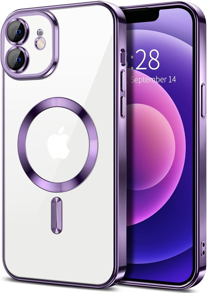 Hython Magnetic Clear for iPhone 12 Case with Camera Lens Protector [Compatible with MagSafe] Luxury Plating Edge Slim Soft TPU Cover Protective Phone Case for iPhone 12 6.1", Deep Purple