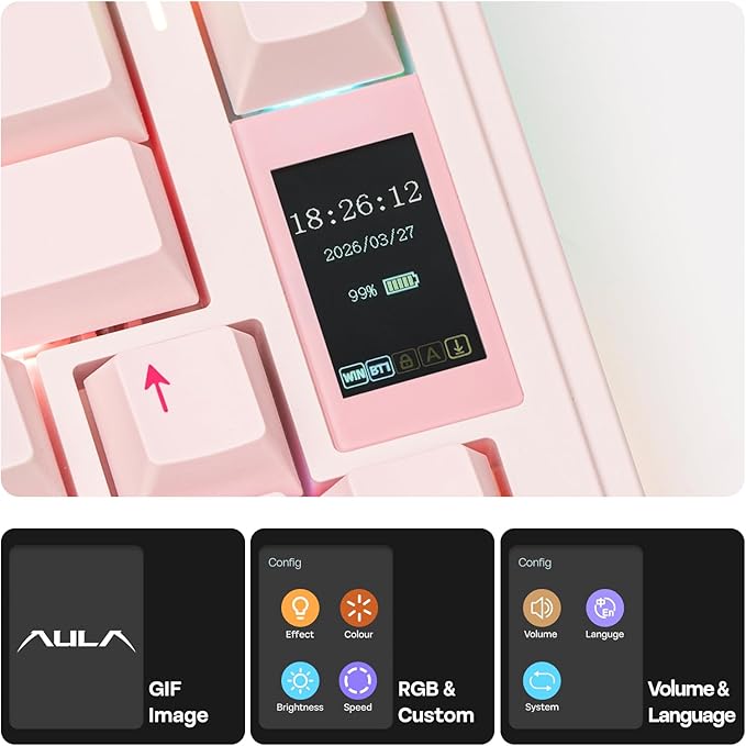EPOMAKER X Aula EA75 MAX Wireless Gaming Keyboard with Screen & Knob, 5000mAh, Hot-Swap, Lubed Switches, RGB Backlit, Creamy Gasket, 75% Mechanical Keyboard (Pink, Reaper Switch)