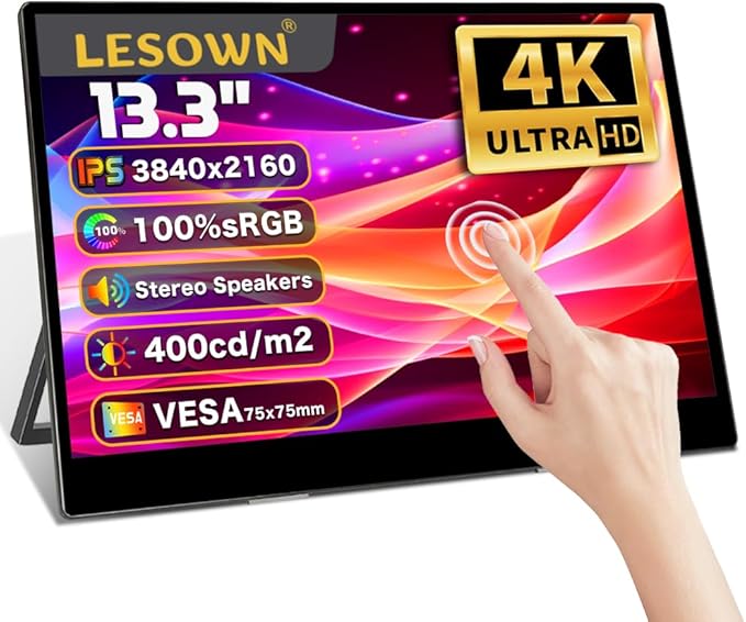 13.3 inch 4K 3840x2160 IPS Secondary Screen Portable Monitor 100% sRGB USB C HDMI Touch Small Computer Display for Gaming PC Laptop Drawing