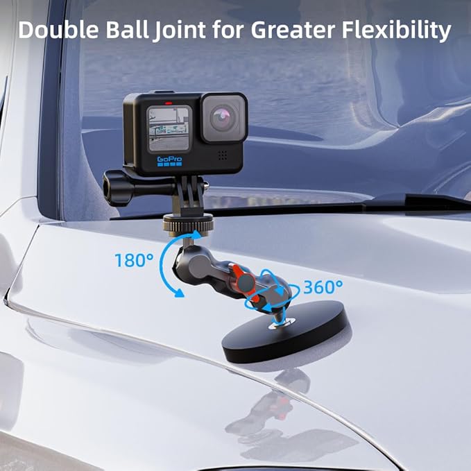 Magnetic Camera Mount, Magnetic Camera Car Mount with 2 Ball Head Attach to All Metal Surfaces Compatible with GoPro Hero 13/12/11, DJI Osmo 360, Action 6/5 Pro/4, Insta 360 X5/X4, AKASO nd More