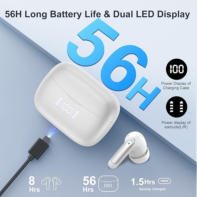 Wireless Earbuds, HiFi Sound Bluetooth 5.3 Headphones with 4 ENC Noise Mic, 56H Playtime Ear Buds with LED Display, USB-C, IPX7 Waterproof Wireless Headphones for Sports Workout
