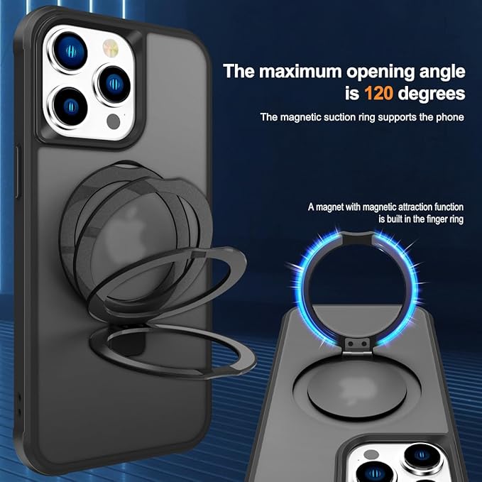 SKYLMW Compatible with iPhone 14 Pro Case with Invisible Magnetic O-Ring Stand Military-Grade Translucent Case for iPhone 14 Pro 6.1" [Compatible with Mag-Safe][Great Grip Feeling], Black