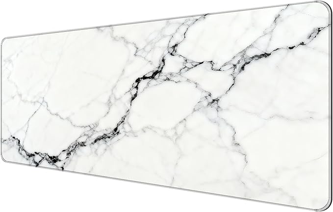 Thin Extended Gaming Mouse Pad （31.5 * 11.8 * 0.08 inch） with Stitched Edges Large Mousepad Long XXL Keyboard and Mouse pad Desk Mat for Gaming Office & Home - White Black Marble