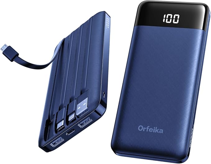 Orfeika Portable Phone Charger, 10000mAh Portable Charger Power Bank with Built-in Cables, Travel Essential Battery Pack Compatible with Samsung, iPhone, Google, iPads, Tablets, etc