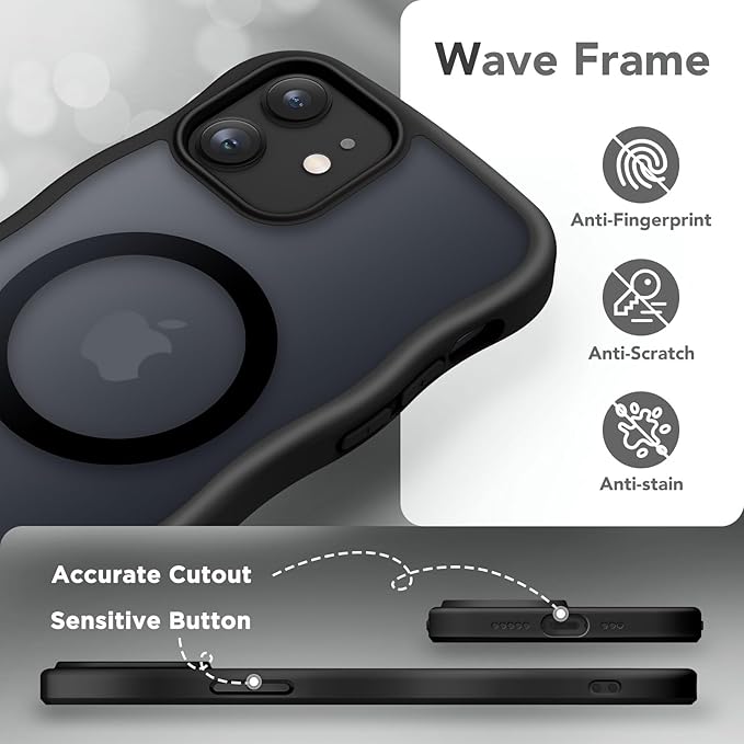 CAPRARO Cute for iPhone 12 Case & iPhone 12 Pro Case, Compatible with MagSafe, [Curly Wave Edge] [Camera Protection] [14 FT Drop Protection] Magnetic for iPhone 12/12 Pro, Black