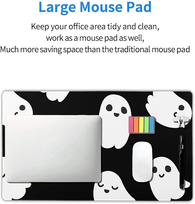 Halloween Cute Ghost Mouse Pad Large Kawaii Cartoon Spooky Funny Spirit Extended Desk Mat Non-Slip Rubber Base Stitched Edge Large XL Black White Mousepad for Desk Gaming Laptop Desktop,24x14 Inch