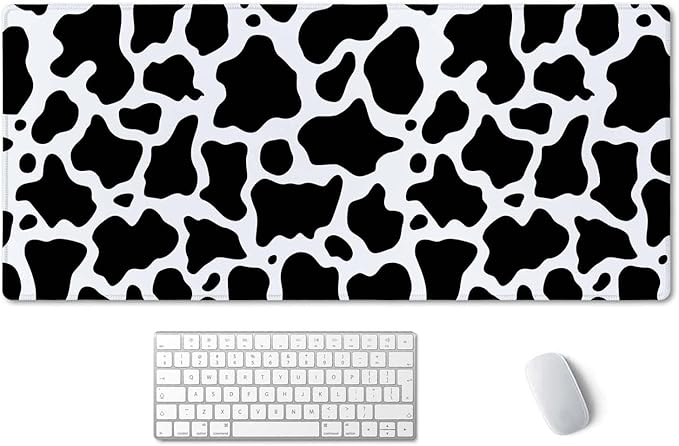 SSOIU White Black Cow Pattern Desk Pad, Personalized Desk Mat, Cow Print Desk Mat, Cute Desk Pad, Extended Gaming Mouse Pad (35.5x15.7 in), Large Non-Slip Rubber Base Mousepad with Stitched Edges