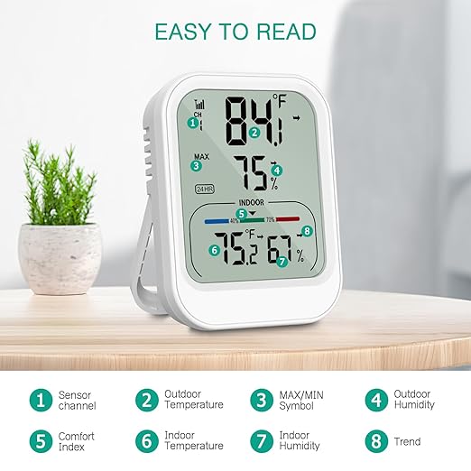 ORIA Digital Thermometer Hygrometer, Wireless Indoor Outdoor Thermometer, Temperature Humidity Monitor with MAX/MIN Record, ℃/°F Switch, Comfort and Trend Indication, for Home, Cellar, Greenhouse