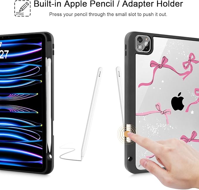 Tuiklol for iPad Pro 11 Inch 4th / 3rd / 2nd / 1st Gen (2022 2021 2020 2018) Case -Built-in Pencil Holder Shockproof Cover Clear Transparent Back Shell with Auto Wake/Sleep, Bow-Black