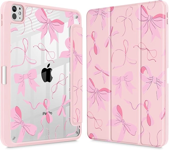 May Chen Case for iPad Pro 13-inch 2024 7th Generation M4 Chip, [Built Pencil Holder Supports Pencil 2/USB-C] Ultra Thin Clear Back Shell with Trifold Stand Support Auto Wake/Sleep, Pink Bows 13