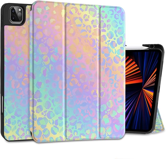 DONGKE Case for 2022/2021/2020/2018 iPad Pro 11 inch Gen 4/3/2/1 - Slim Protective Case - Built in Pencil Holder Support Charging - Trifold Stand & Sleep/Wake Cover - Colorful Leopard