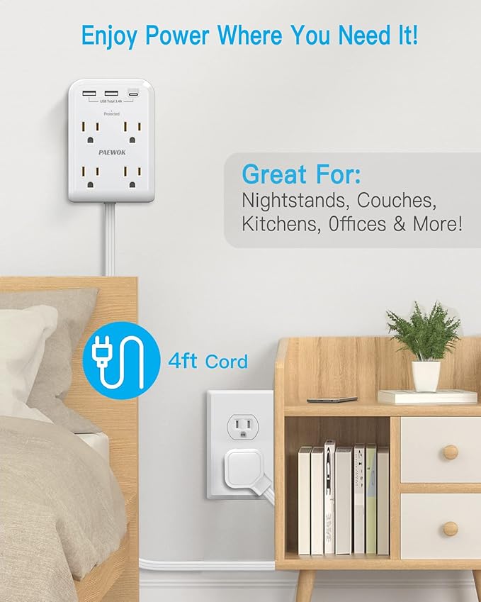 Surge Protector Power Strip, Outlet Extender Stick with USB C Ports, 4 Outlet 3 USB, 4 FT Extension Cord Flat Wall Plug, Home Office Dorm Room Essentials, White